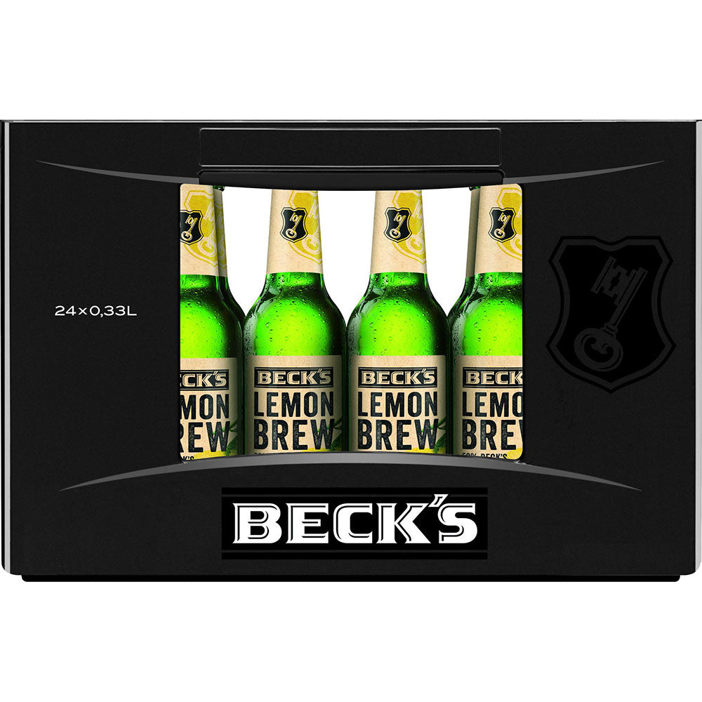 Ein schwarzer Karton mit Beck's Lemon Brew 24x 0,33 Liter (MEHRWEG) mit Flaschen, die durch ein durchsichtiges Frontfenster sichtbar sind.