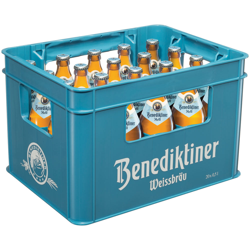 Eine blaue Kiste gefüllt mit 20x 0,5L Flaschen Benediktiner Hell (MEHRWEG) von Benediktiner Weissbräu.