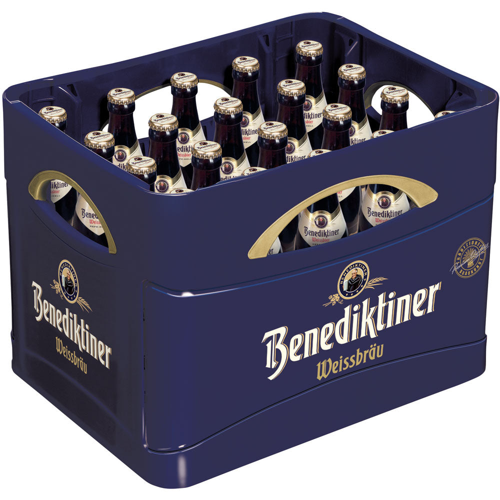 Eine Kiste Benediktiner Weißbräu Hell Naturtrüb, 20x0,5L Flaschen (Mehrweg), liefert das klassische, naturtrübe Weißbier-Erlebnis in einem stabilen blauen Kasten.