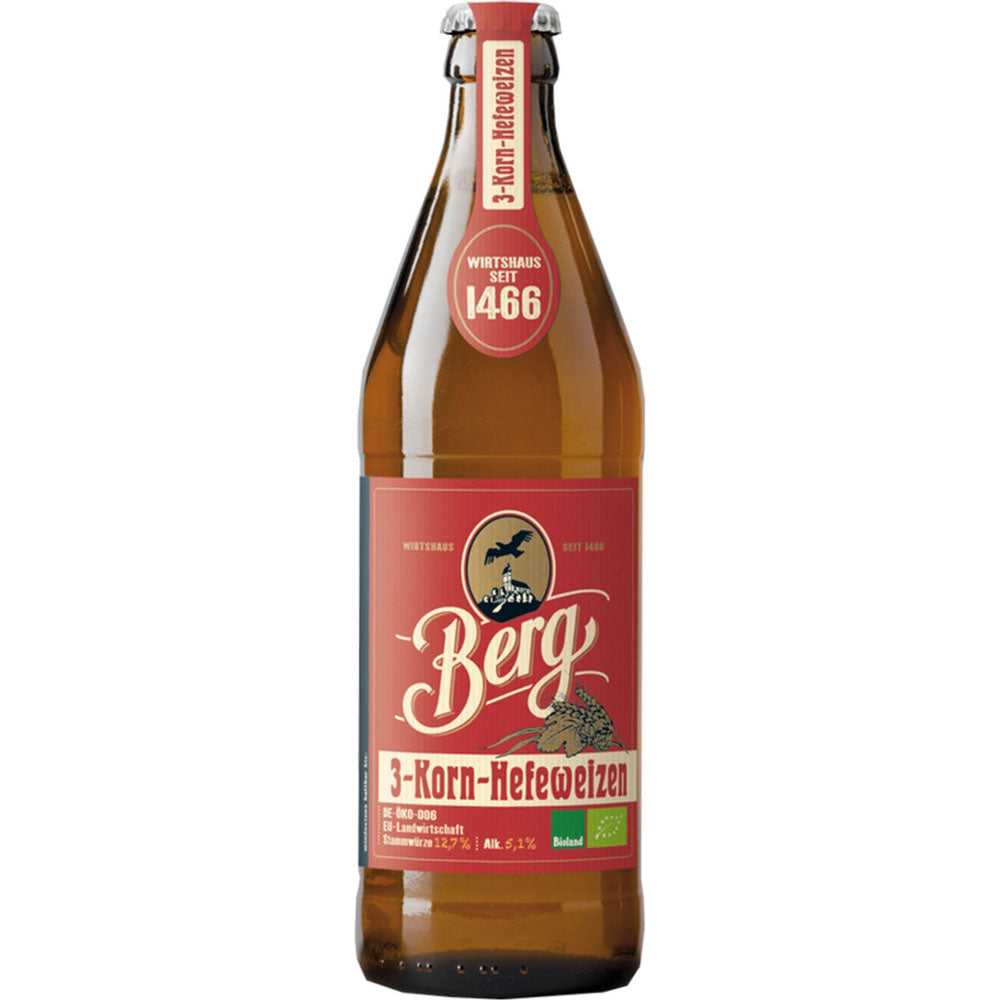 Eine braune Flasche Berg 3-Korn Hefe Dunkel Bier mit rot-weißem Etikett und goldenem Verschluss der Marke Berg, erhältlich in einer 20x 0,5 Liter Mehrweg-Packung.