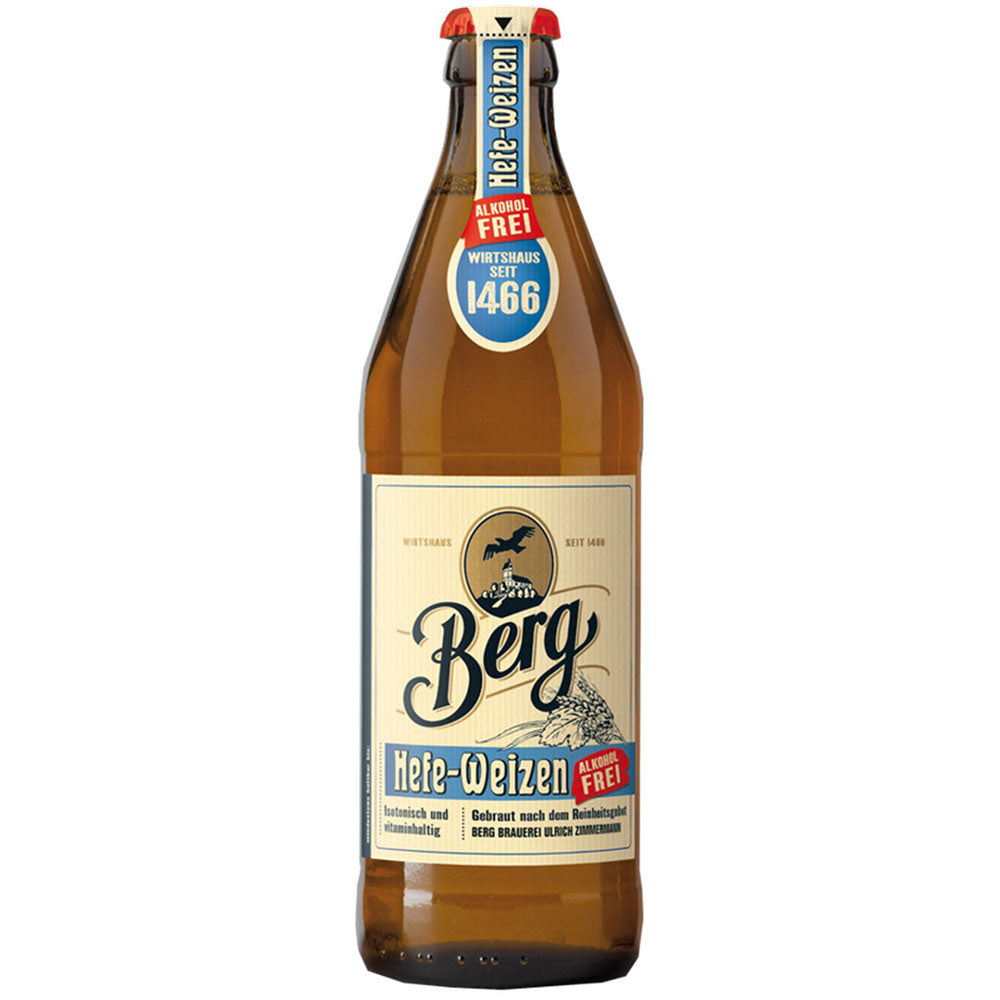 Ein Berg Hefe-Weizen Alkoholfrei 0,5L braune Glasflasche mit einem beige-blauen Etikett. Marke: Berg.