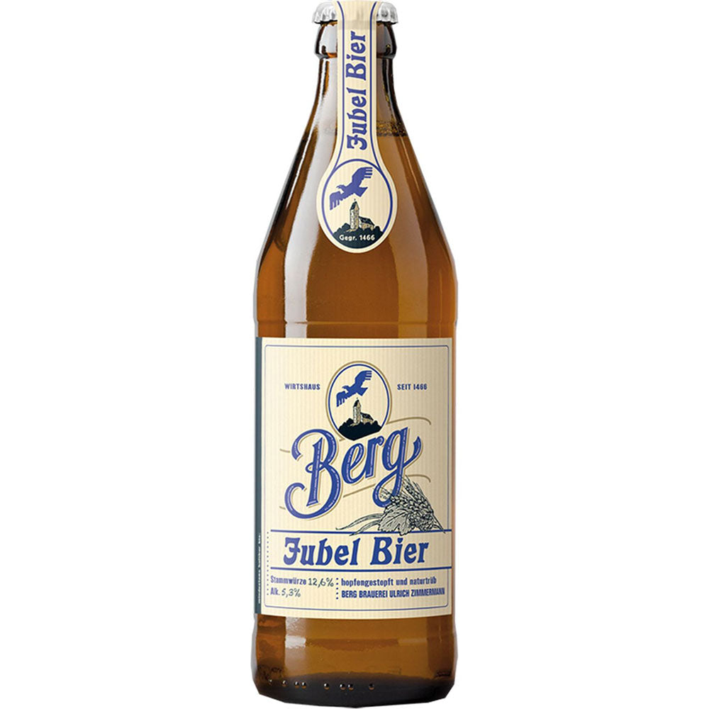 Eine Braunglasflasche von Berg Jubel Bier BIO by Berg, mit blau-cremefarbenem Etikett und Bügelverschluss. Dieses unfiltrierte Lagerbier wird als 20x0,5L (Mehrweg) verkauft und bietet ein traditionelles, naturtrübes Vollbiererlebnis.