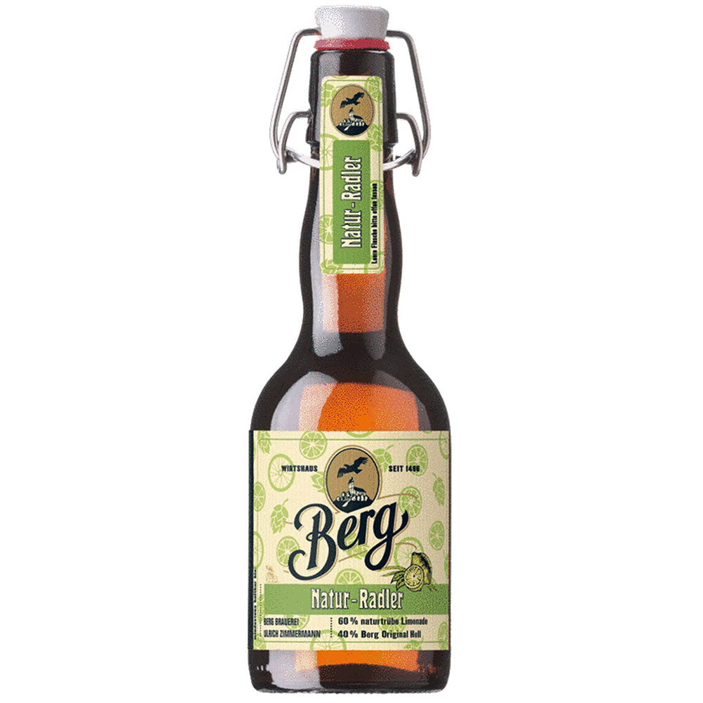 Braunglasflasche von Berg Natur-Radler trüb 20x0,33L (MEHRWEG) von Berg, mit grün-cremefarbenem Etikett und Flip-Top-Verschluss.