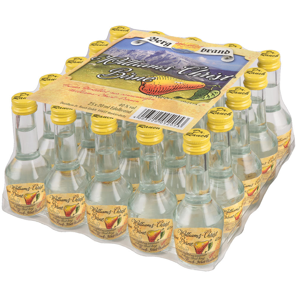 Ein 25er-Pack Rauch Spirituosen Bergbrand Williams-Christ-Birne 40%, je 0,02L, in Plastikfolie.