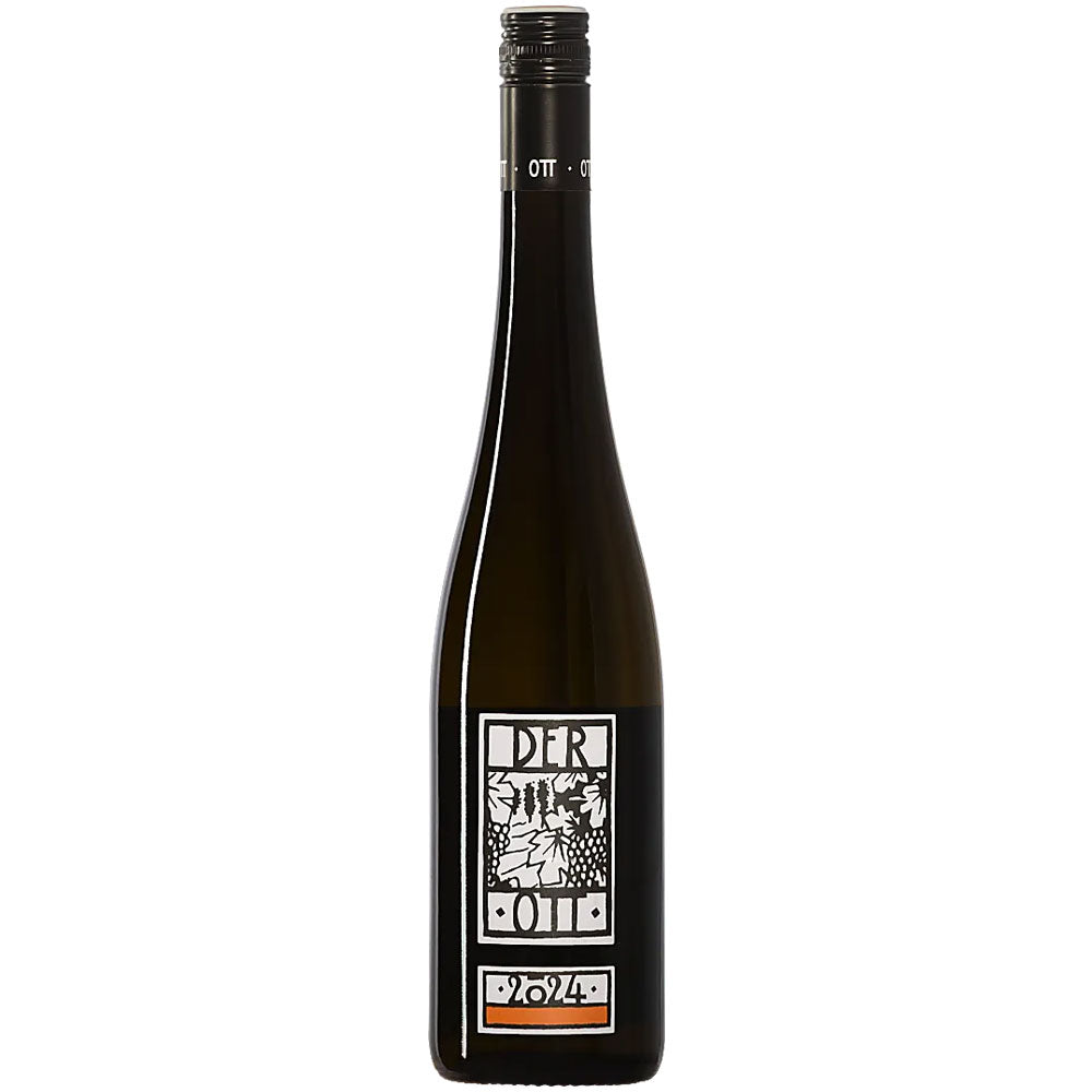 Eine dunkle Weinflasche mit einem weißen Etikett mit abstrakter Kunst und dem Text DER OTT 2023, der die Handwerkskunst von Bernhard Ott in Grüner Veltliner Der Ott BIO darstellt.