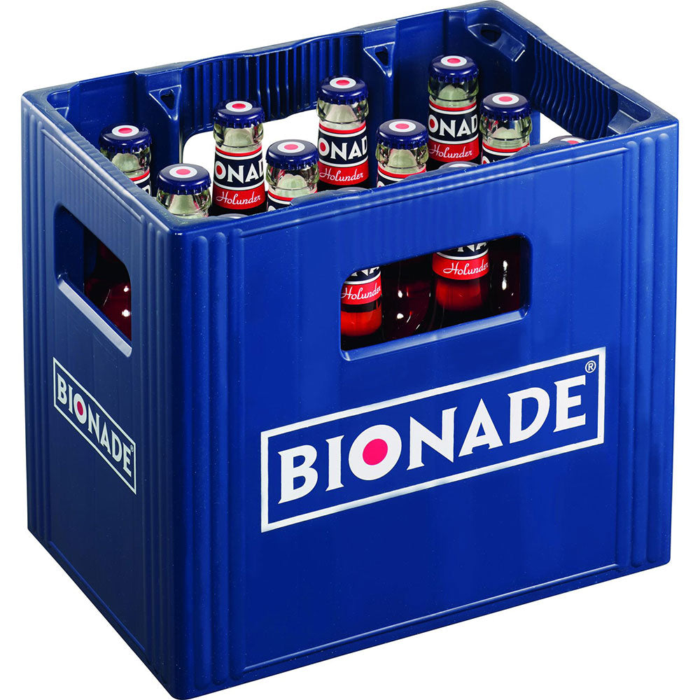 Blaue Kunststoffkiste mit Bionade-Logo, die 12x 0,33l Bionade Holunder Bio (Mehrweg) Flaschen mit Holundersaft enthält.