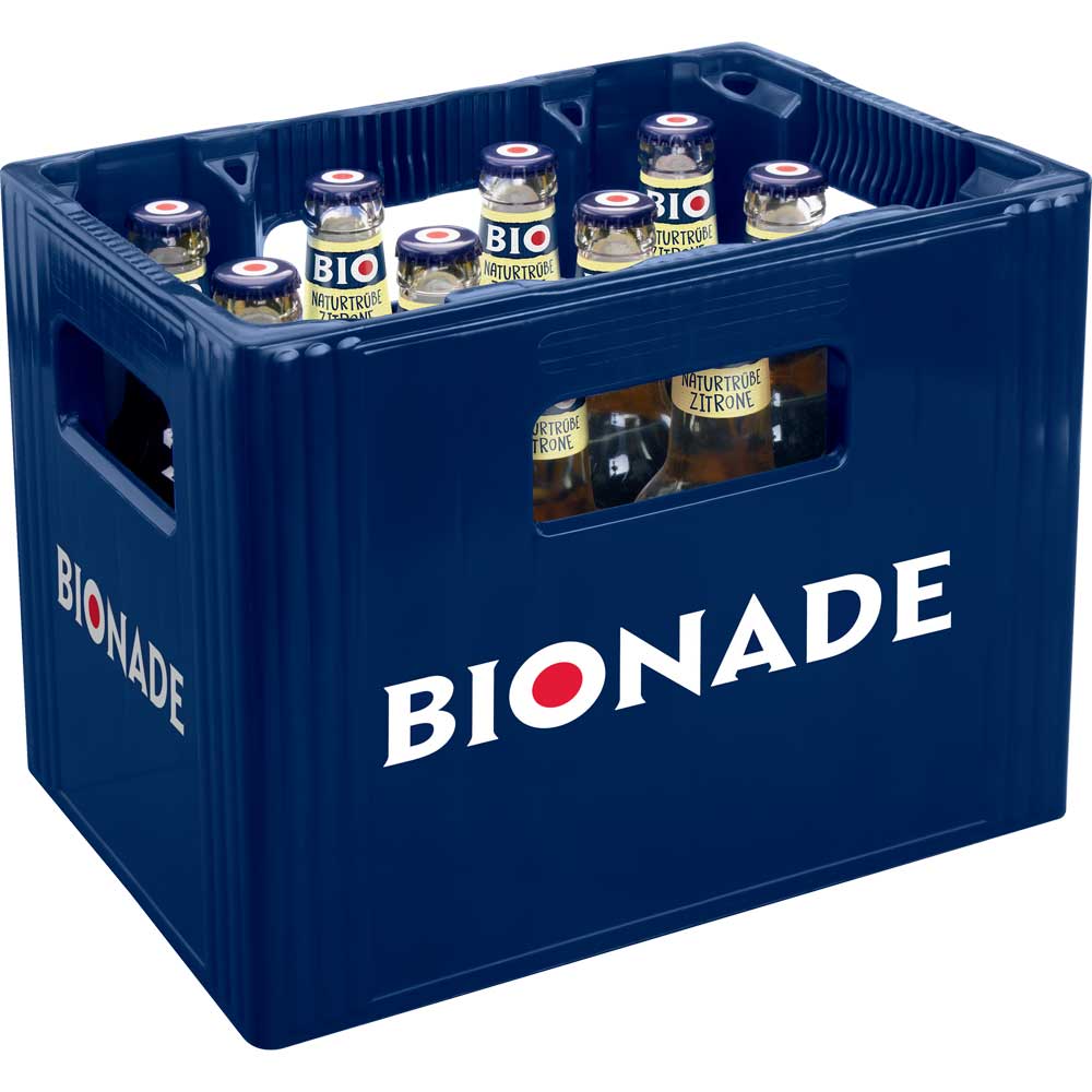 Eine blaue Bionade-Kiste enthält mehrere Bionade Naturtrübe Zitrone BIO 0,33L Glasflaschen mit sichtbaren "Bio"-Etiketten auf den Deckeln (12x Mehrweg).