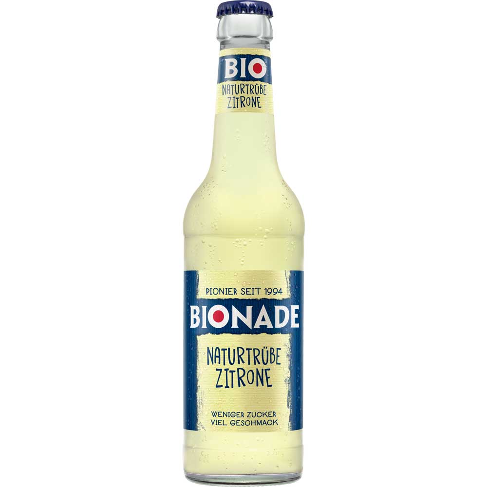 Eine 0,33 l Glasflasche Bionade Naturtrübe Zitrone BIO mit blau-gelbem Etikett.