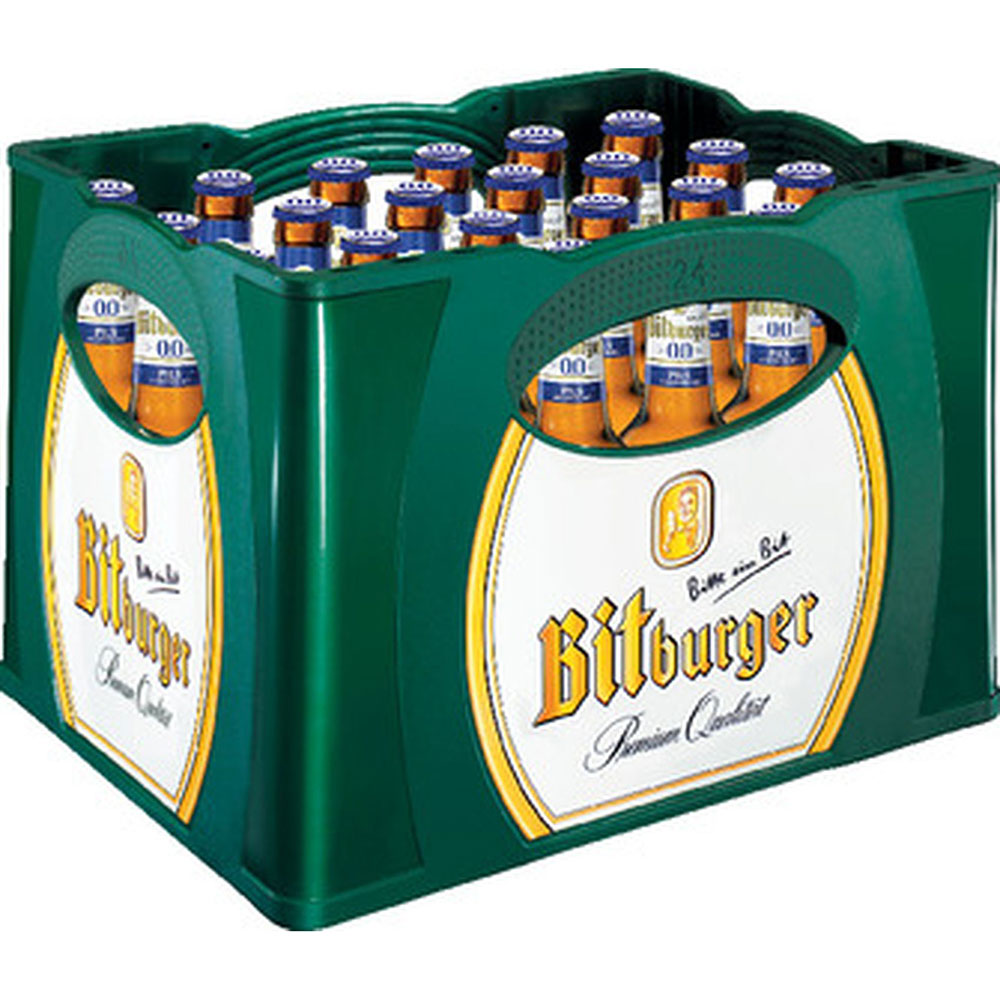 Eine grüne Kiste mit 24 Flaschen Bitburger Alkoholfrei 0,0% (Mehrweg), jede 0,33L, mit Etiketten nach vorne.