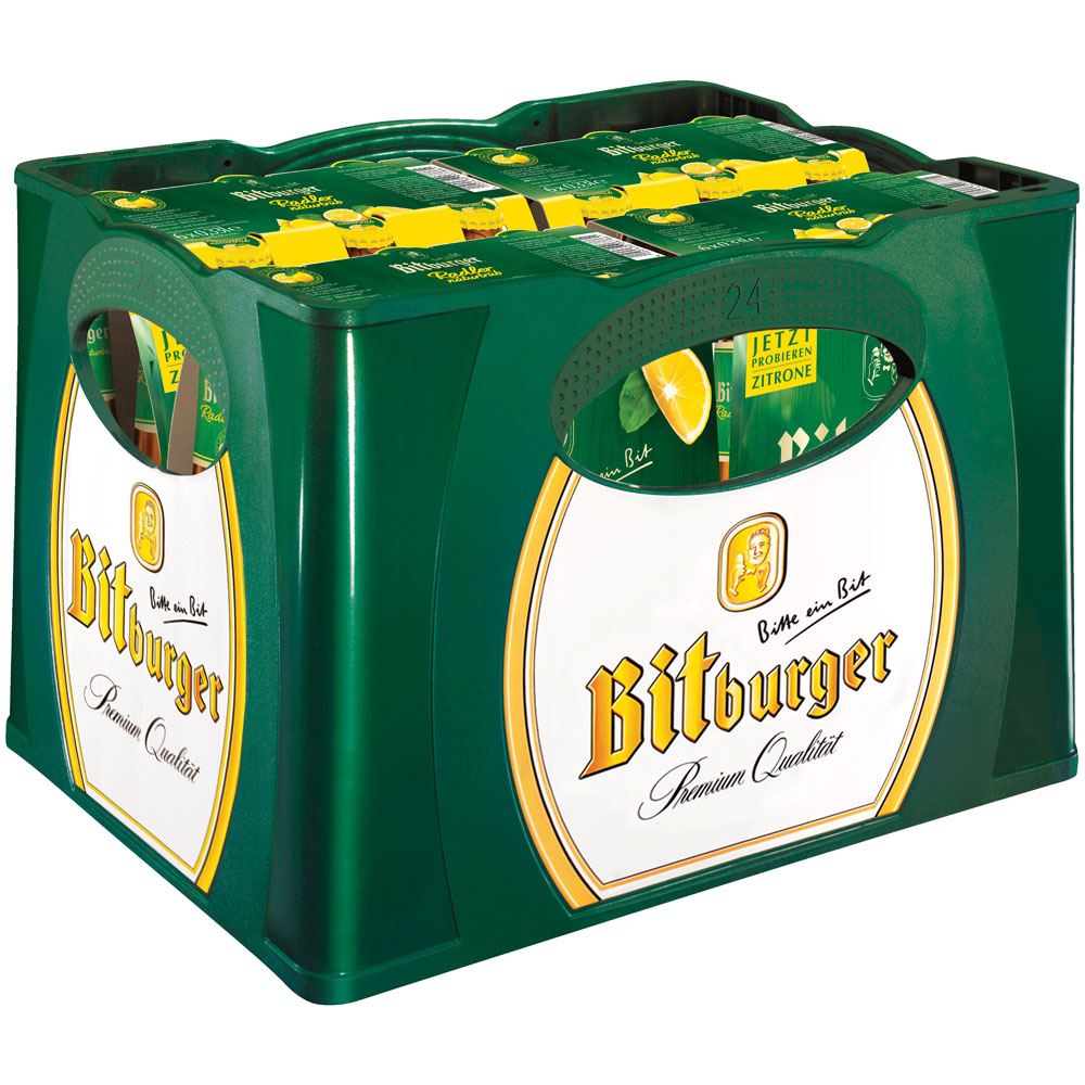 Grüner Kasten mit Bitburger Radler Naturtrüb (24x0,33L MEHRWEG) Flaschen mit gelbem und weißem Branding, perfekt für ein erfrischendes Getränk von Bitburger.