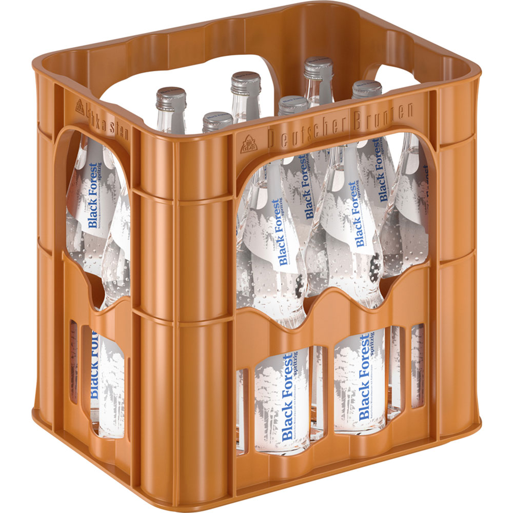 Eine braune Kiste enthält zwölf 0,7-Liter-Glasflaschen mit Schwarzwälder Spritzig Mineralwasser (MEHRWEG), einem Produkt aus dem Schwarzwald, das für seinen ausgewogenen pH-Wert geschätzt wird.