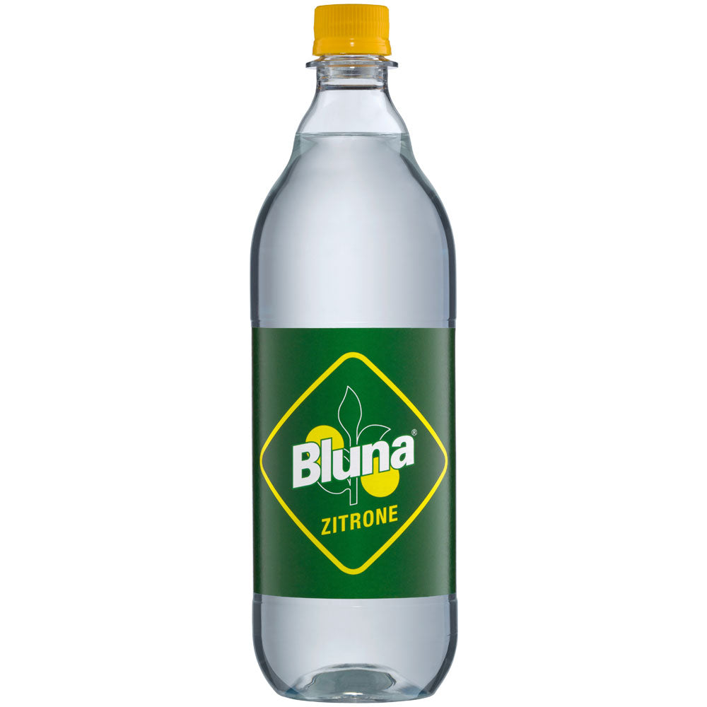 Eine klare PET-Flasche Bluna Zitrone Zitronenlimonade (12x1L MEHRWEG) aus Deutschland mit grünem Etikett und gelbem Verschluss.