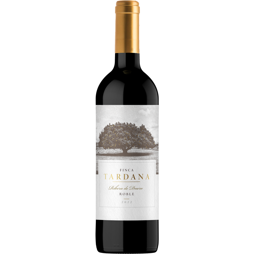 Eine Flasche Bodegas Alconde Finca Tardana Roble Ribera del Duero 2023 Rotwein mit einer Baumillustration auf dem Etikett.