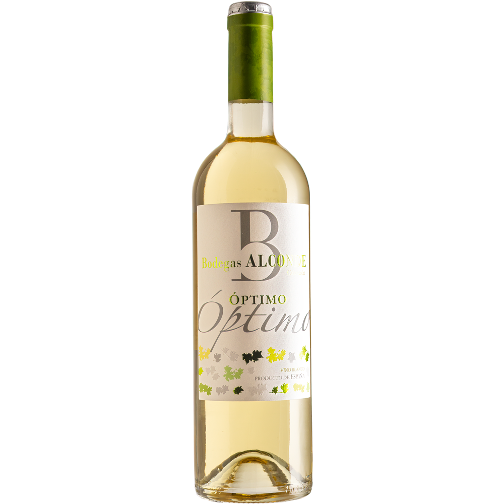 Eine Flasche Bodegas Alconde Óptimo Blanco 2024, eine spanische Weißweinmischung von Bodegas Alconde aus Sauvignon Blanc- und Chardonnay-Trauben mit einem hellgelben Etikett mit elegantem Weinblattmuster.