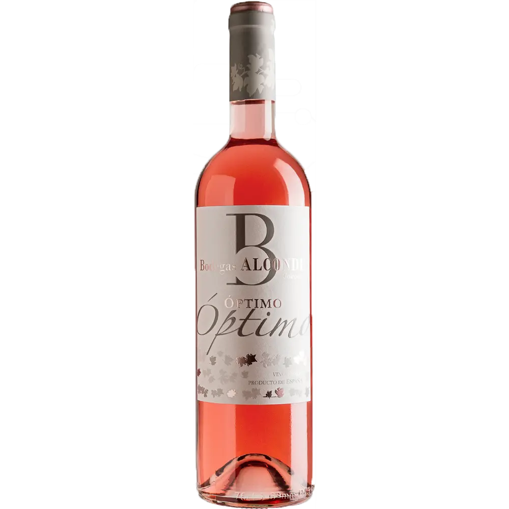 Eine Flasche Bodegas Alconde Óptimo Rosado 2024 mit einem weiß-silbernen Etikett ist vor einem hellen Hintergrund abgebildet.