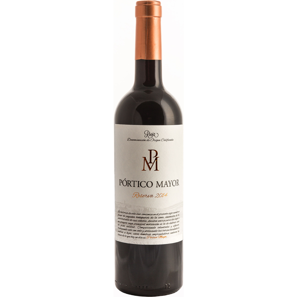 Eine Flasche Bodegas Alconde Portico Mayor Rioja Reserva 2018 mit einer kupferfarbenen Halsfolie, die die raffinierte Eleganz und die klassischen Tempranillo-Noten der Rioja Reserva-Weine zum Ausdruck bringt.