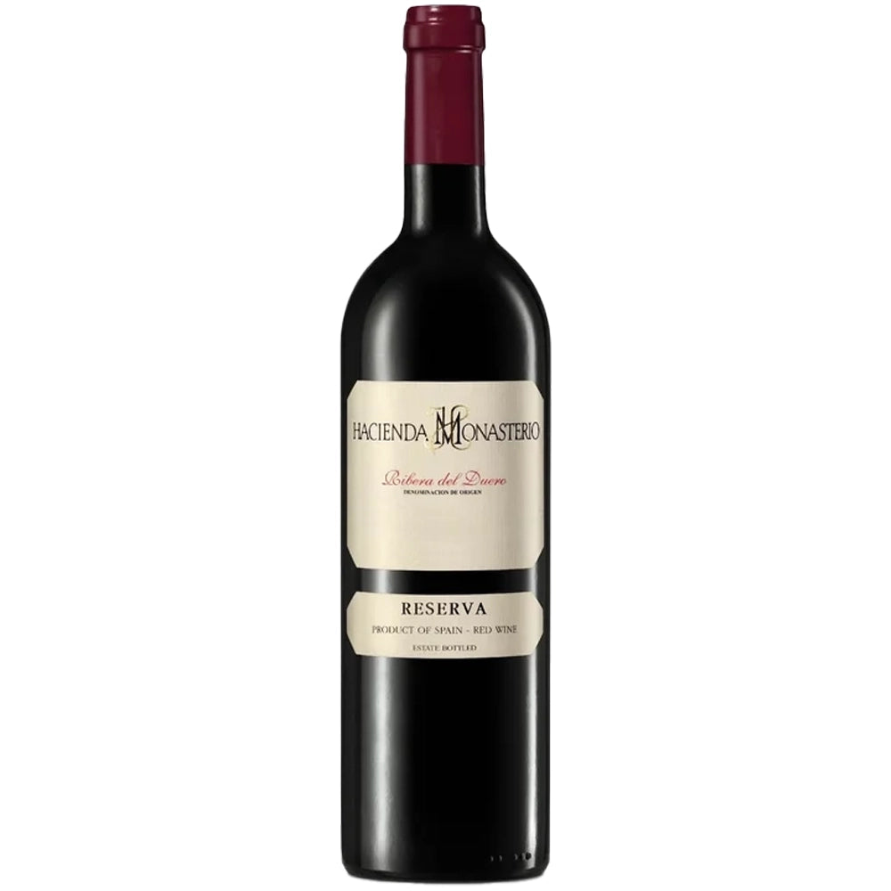 Eine Flasche „Hacienda Monasterio Reserva Ribera del Duero DO 2020“, hergestellt von Hacienda Monasterio, mit cremefarbenem Etikett und burgunderrotem Verschluss.