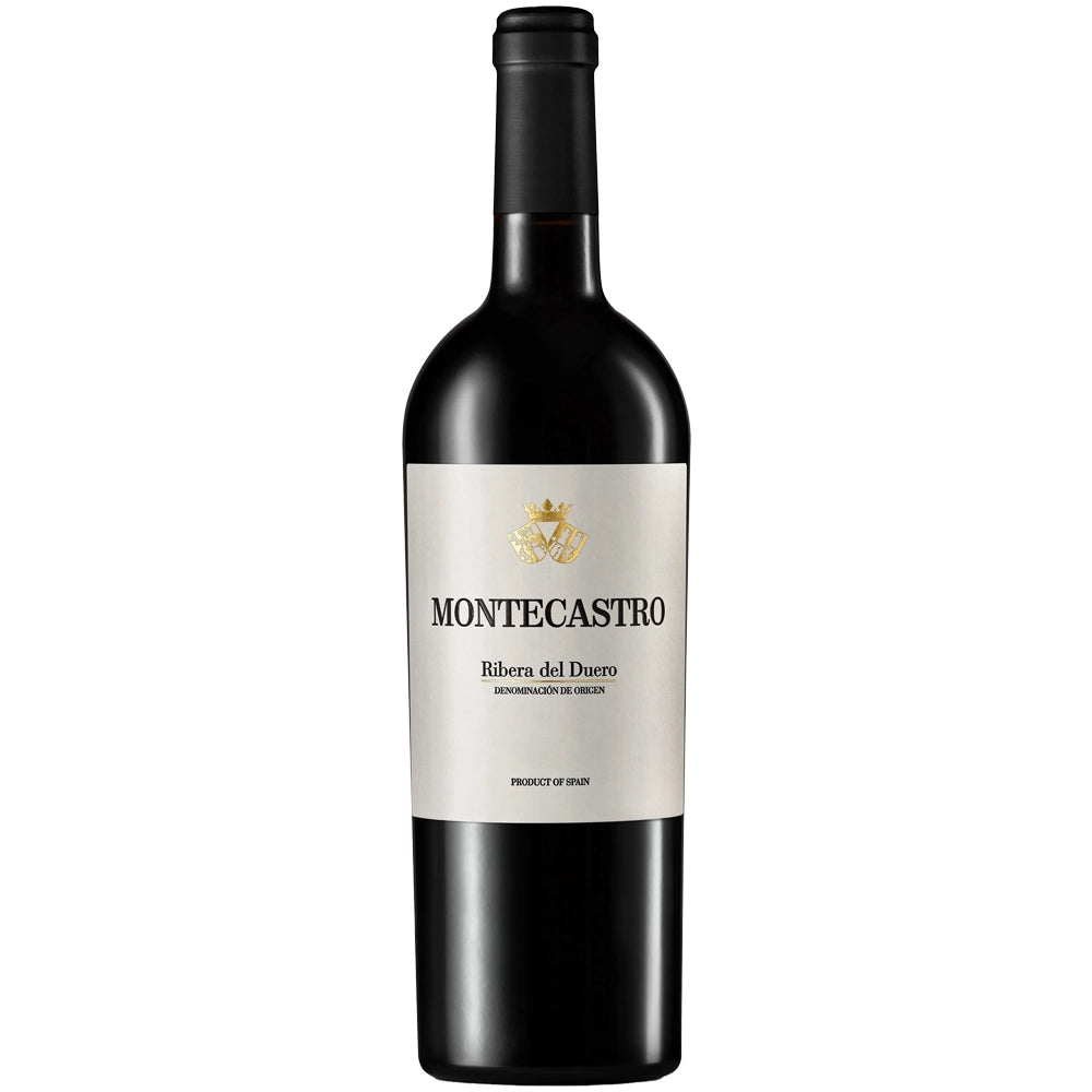 Eine Flasche Rotwein „Montecastro Reserva Ribera del Duero DO 2021“ mit weißem Etikett und goldenem Wappen, der hauptsächlich aus Tinto-Fino-Trauben gekeltert wurde.