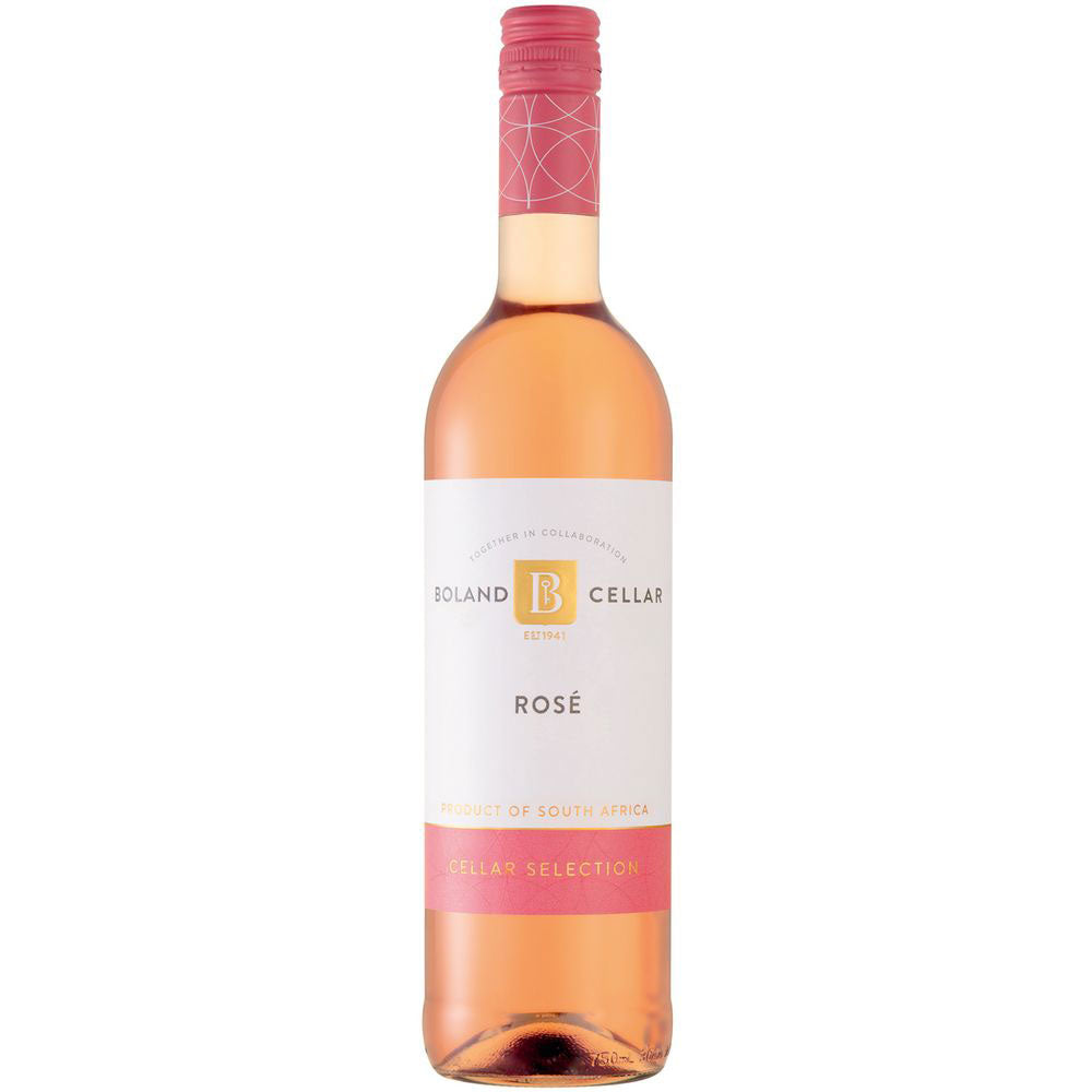 Eine Flasche Boland Cellar Selection Cabernet Sauvignon-Shiraz Rosé 2025 mit rosafarbenem Schraubverschluss und weißem Etikett, die einen feinen südafrikanischen Rosé aus Cabernet Sauvignon und Shiraz präsentiert.