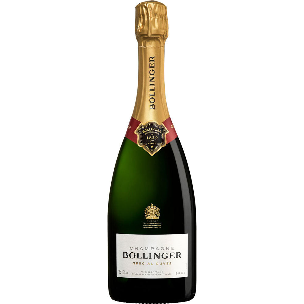 Eine 0,75-Liter-Flasche Champagne Bollinger Special Cuvée Brut mit Goldfolienverschluss und weißem Etikett - ideal zum Feiern mit edlem Champagner.