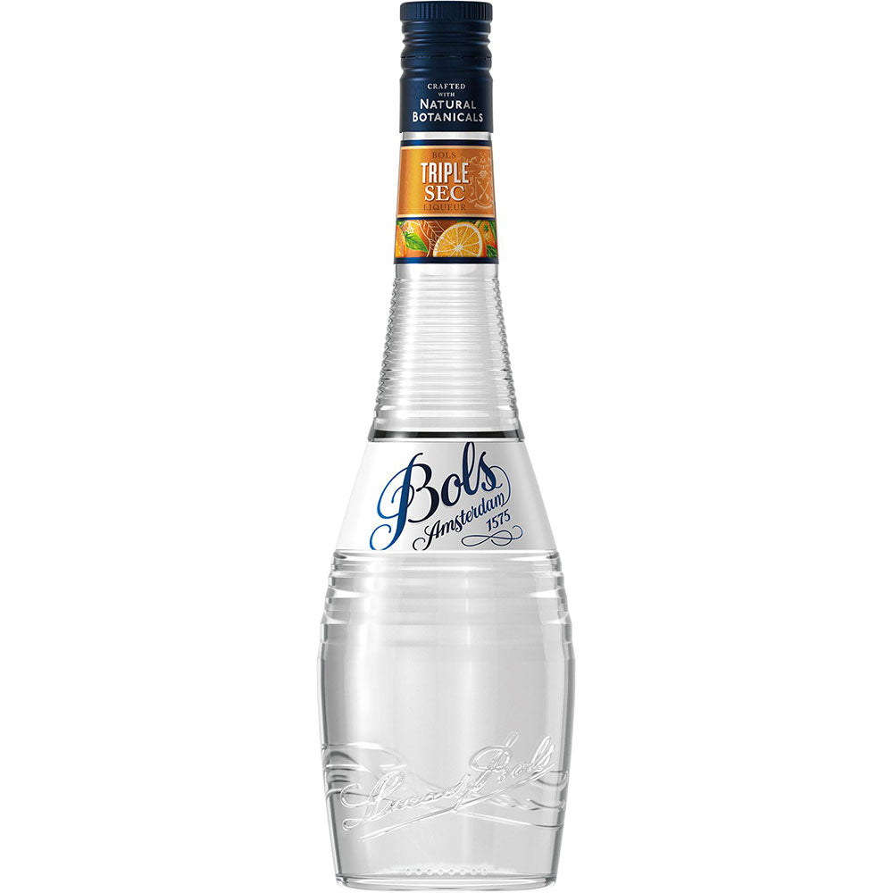 Bols Triple Sec Curacao 38% 0,7 Liter: Klarglasflasche mit blauem Verschluss und orangefarbenem Etikett im oberen Bereich. Ideal als Zutat für Cocktails.