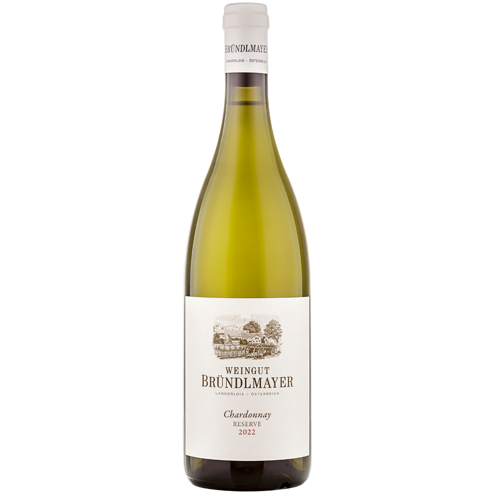 Eine Flasche Bründlmayer Chardonnay Reserve Ried Steinberg 2022 von Bründlmayer mit ihrem weißen Etikett wird elegant vor einem schlichten Hintergrund präsentiert.