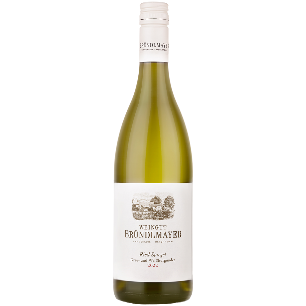 Eine grüne Flasche Bründlmayer Grau- & Weißburgunder Ried Spiegel DAC 2022 Weißwein von Kamptal Wein, mit weißem Etikett und weißem Schraubverschluss.
