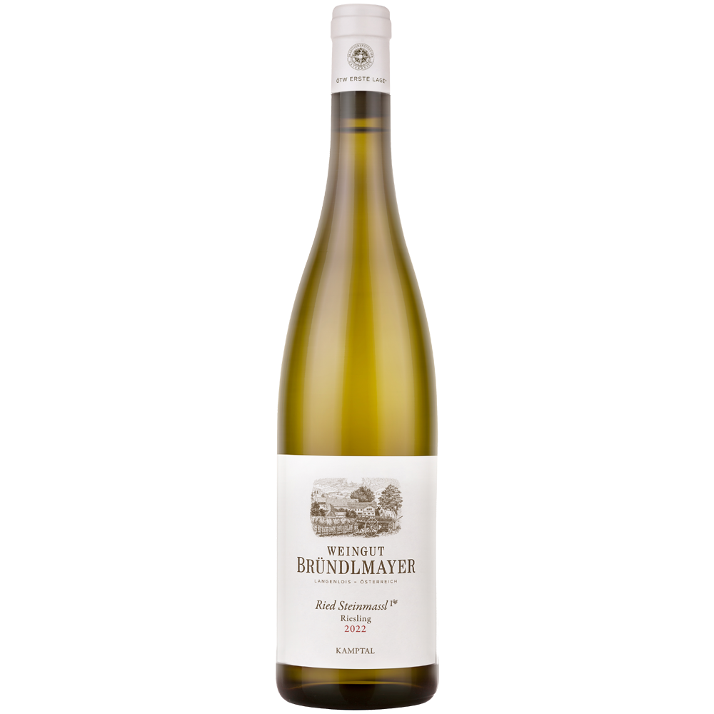 Eine Flasche Bründlmayer Riesling Ried Steinmassel 1ÖTW Erste Lage DAC 2022 mit weißem Etikett und goldenem Verschluss.