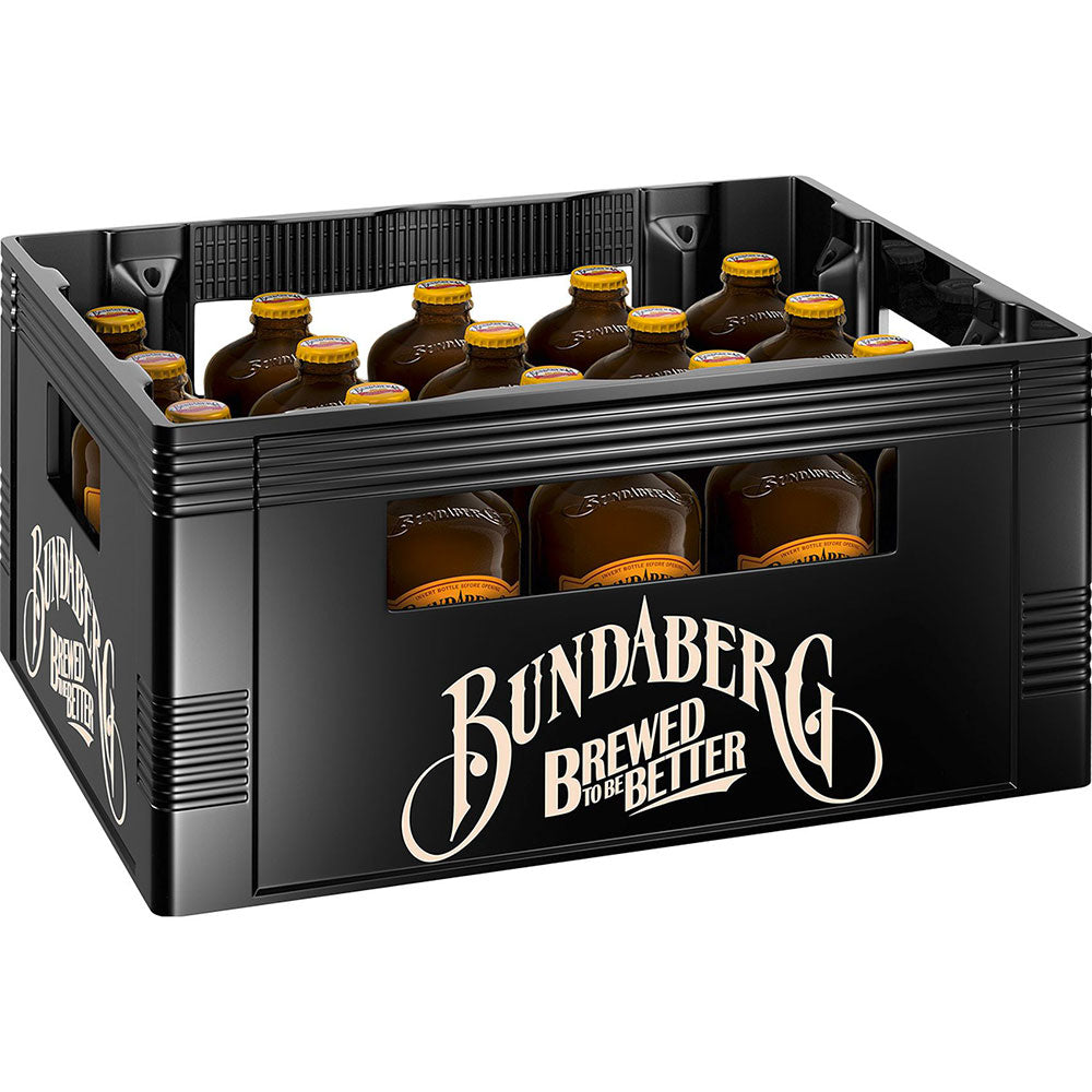 Schwarze Kiste mit Bundaberg Ginger Brew 20x 0,33 Liter (MEHRWEG)-einer alkoholfreien Premium-Ingwerlimonade aus Bundaberg.