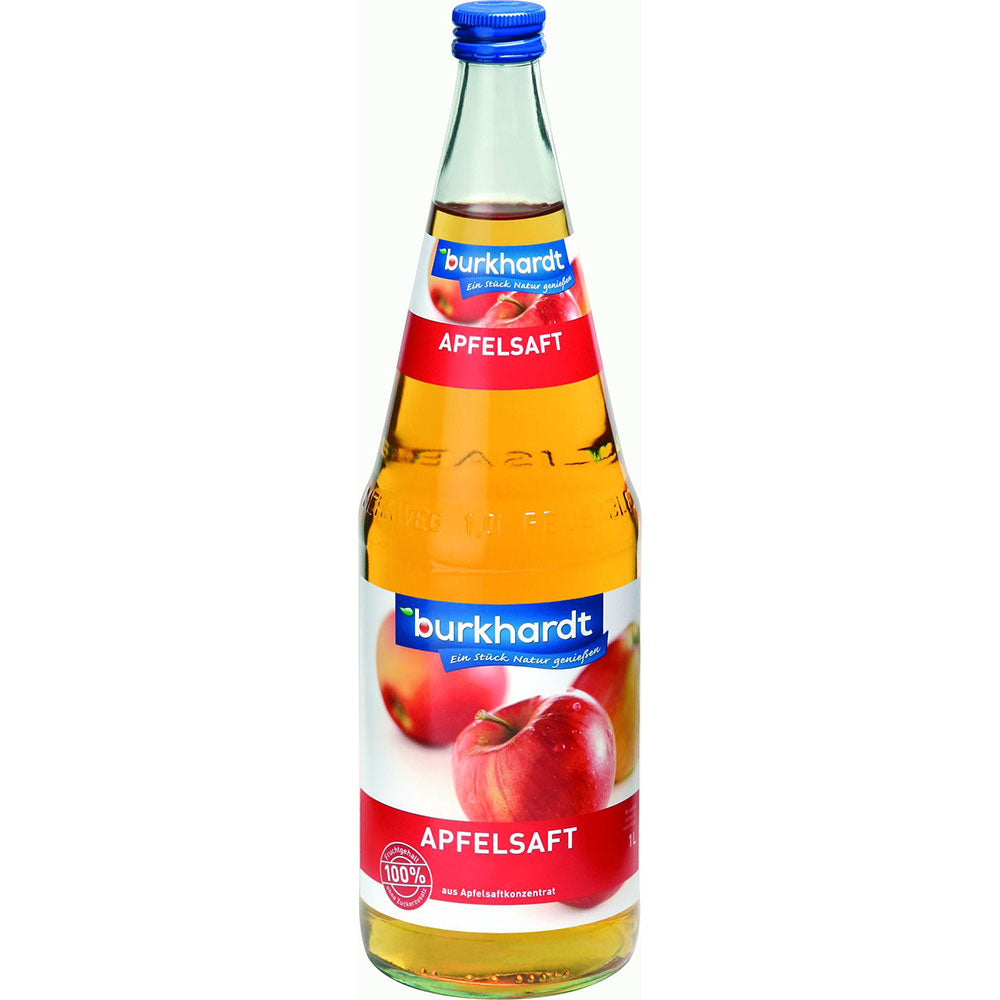 Burkhardt Fruchtsäfte Apfelsaft Klar 6x1L (MEHRWEG) kommt in Glasflaschen mit Äpfeln auf dem Etikett, hergestellt aus 100% Fruchtgehalt und Apfelsaftkonzentrat für einen reinen, erfrischenden Apfelsaftgeschmack.