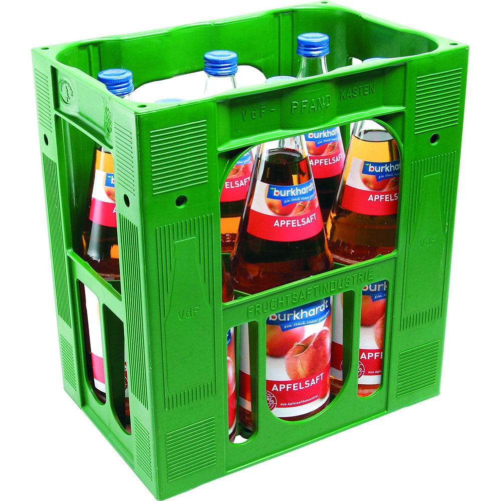 Grüner Kasten mit sechs 1L-Flaschen Burkhardt Fruchtsäfte Apfelsaft Klar (Mehrweg), hergestellt aus Apfelsaftkonzentrat mit 100% Fruchtanteil, mit roten und blauen Etiketten.