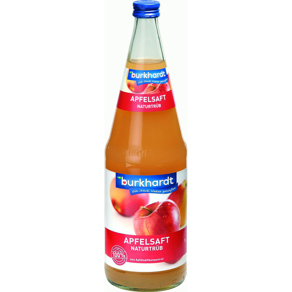Eine 1L-Glasflasche Burkhardt Fruchtsäfte Apfelsaft Naturtrüb (6er-Pack, MEHRWEG), reiner trüber Apfelsaft mit rotem Etikett, Apfelbildern und 100% Fruchtgehalt aus Konzentrat.