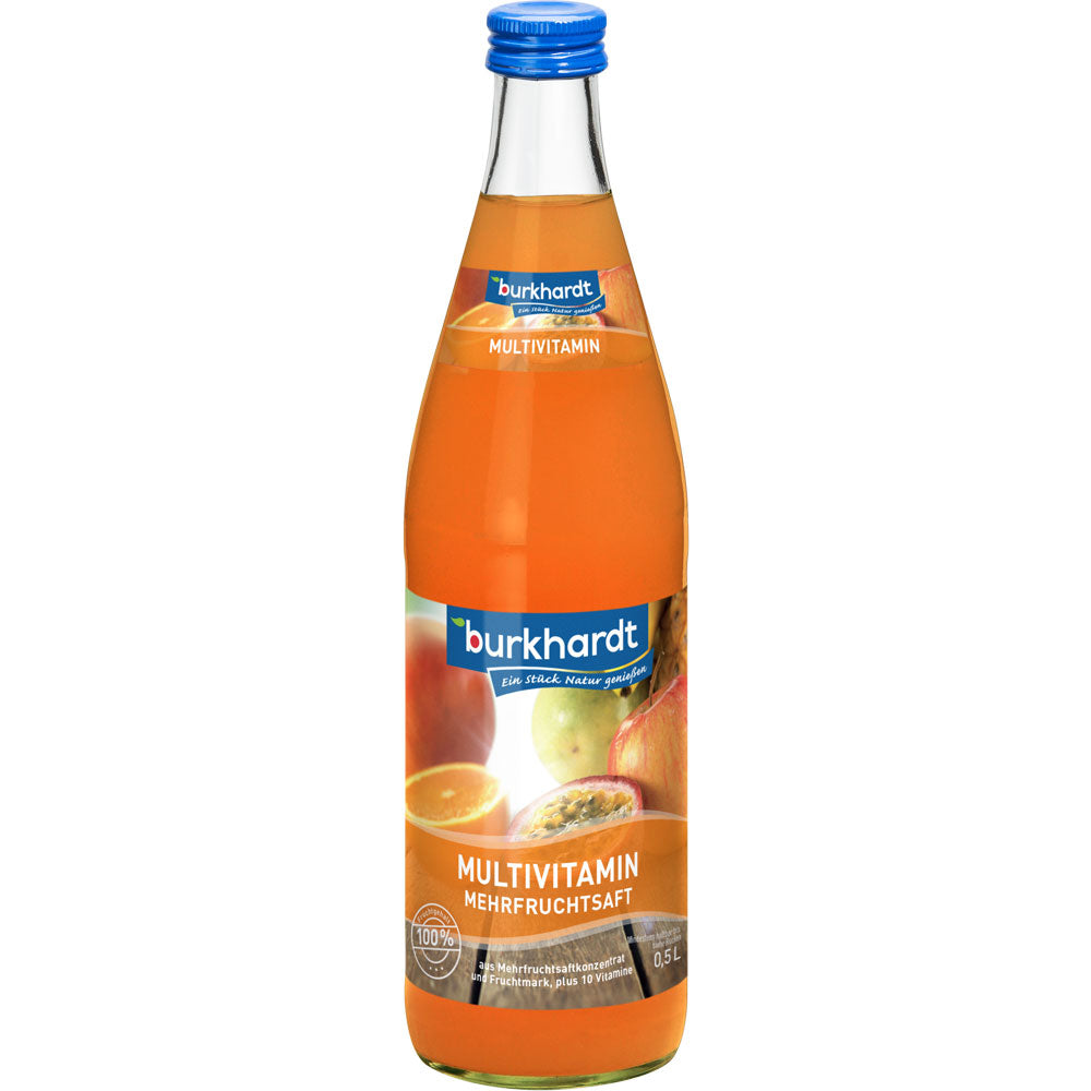 Ein 10er-Pack Burkhardt Multivitamin Mehrfruchtsaft (MEHRWEG) 0,5 l von Burkhardt Fruchtsäfte mit einem Etikett, auf dem verschiedene Früchte abgebildet sind - ideal, um einen erfrischenden, vitaminreichen Fruchtsaft zu genießen.