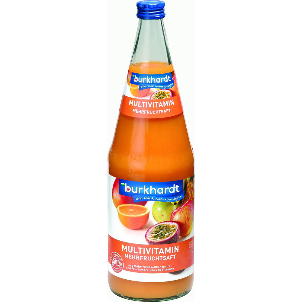 Eine 6x1L MEHRWEG-Packung Burkhardt Fruchtsäfte Multivitamin Mehrfruchtsaft mit verschiedenen Fruchtmotiven auf dem Etikett bietet einen natürlichen Fruchtmix mit vitaminreichem Saft für einen erfrischenden Kick.