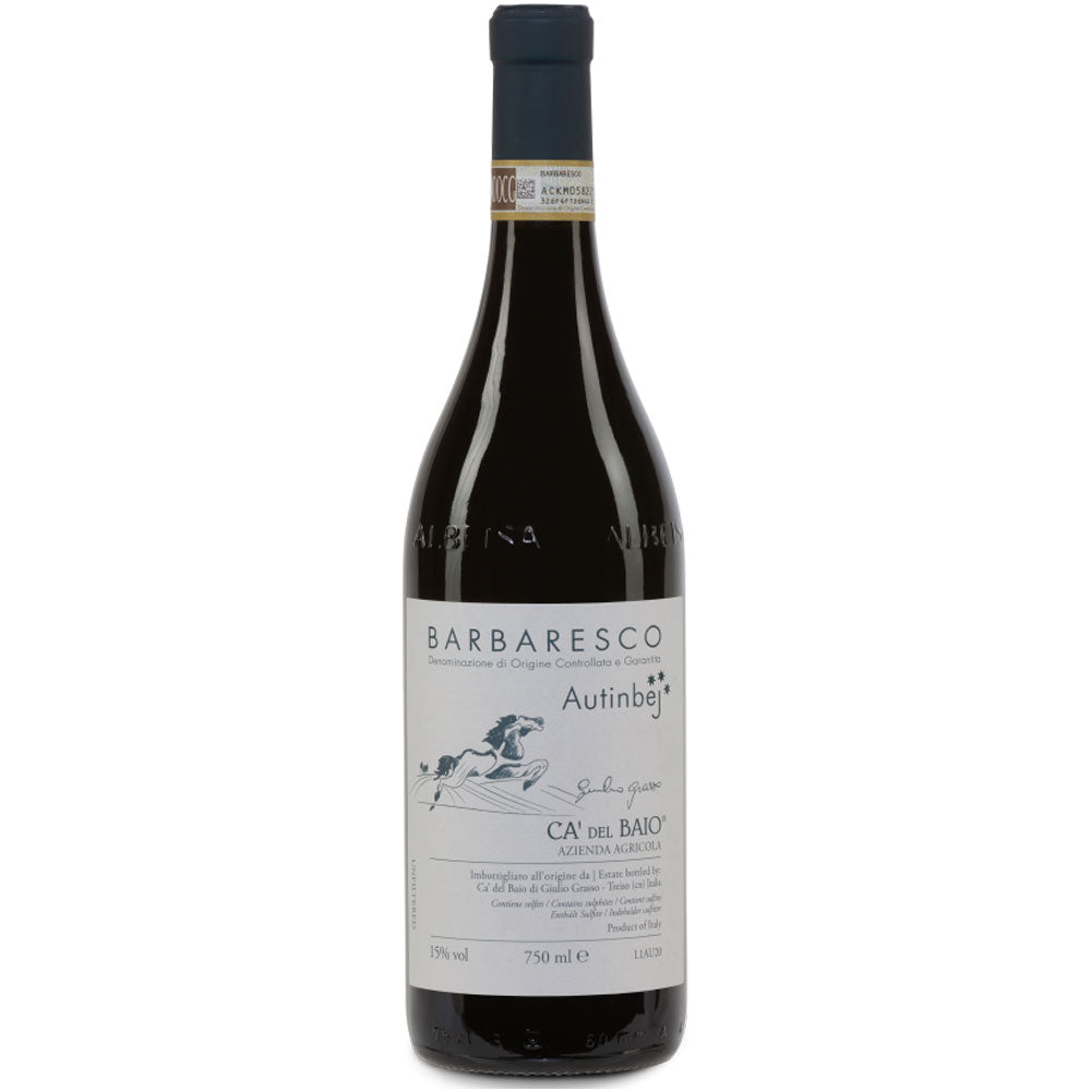 Eine Flasche Ca' del Baio Autinbej Barbaresco DOCG 2022, ein italienischer Rotwein auf Nebbiolo-Basis von Ca' del Baio, mit blauem Folienverschluss und detailliertem Frontetikett.