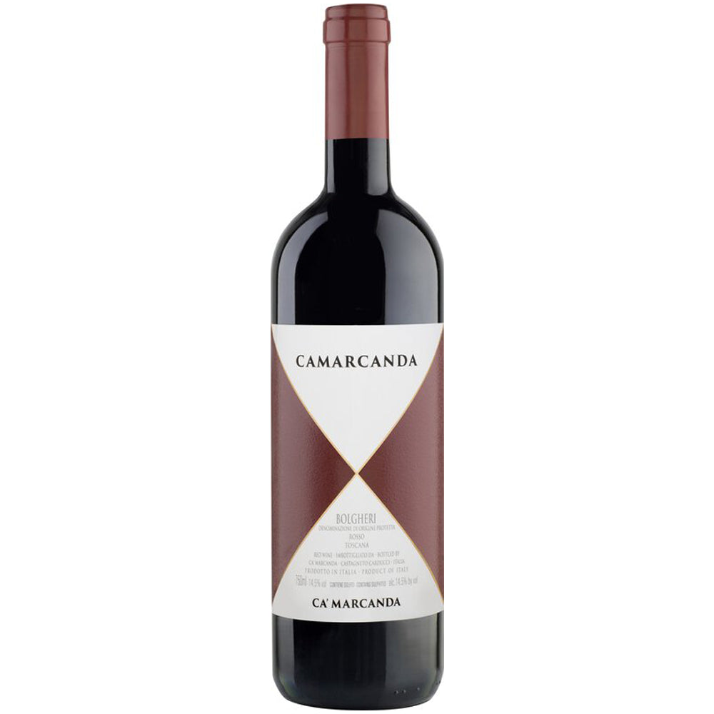 Eine Flasche „Ca’Marcanda Camarcanda Bolgheri DOC 2016“ von Ca’Marcanda mit einem geometrischen, braun-weißen Etikett, das auf weißem Hintergrund abgebildet ist.