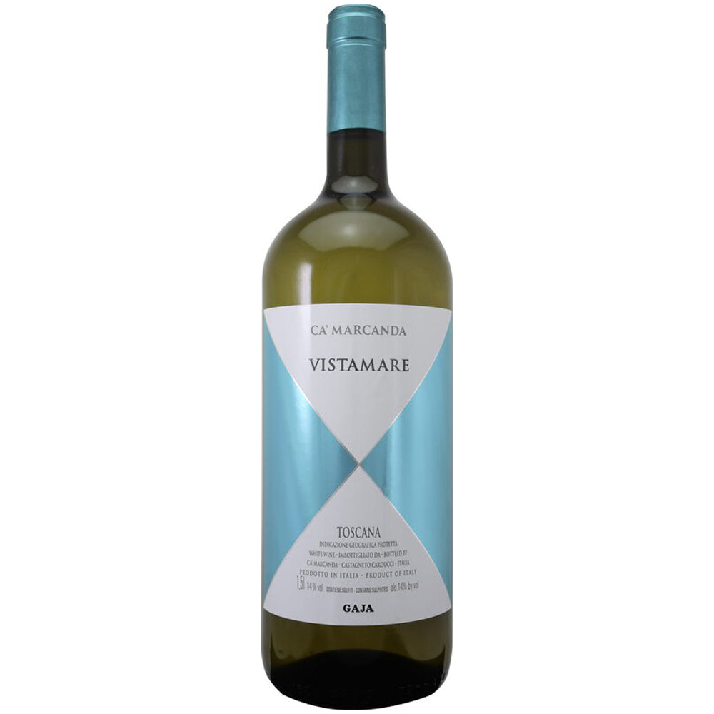 Eine 1,5-Liter-Flasche Ca’Marcanda Vistamare Toscana IGT 2023 Weißwein mit blau-weißem Etikett, hergestellt von Ca’Marcanda in Bolgheri, Toskana, Italien. Dieser elegante Weißwein verkörpert den Küstencharakter, für den die Region Bolgheri bekannt ist.