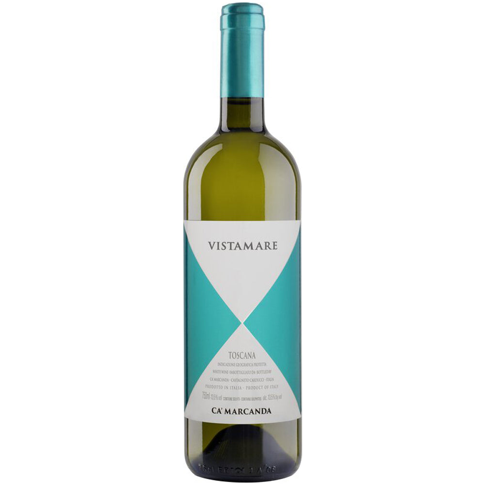 Eine Flasche Ca’Marcanda Vistamare Toscana IGT 2024 Weißwein von Ca’Marcanda mit einem geometrischen Etikett in Blaugrün und Weiß, das auf weißem Hintergrund abgebildet ist.