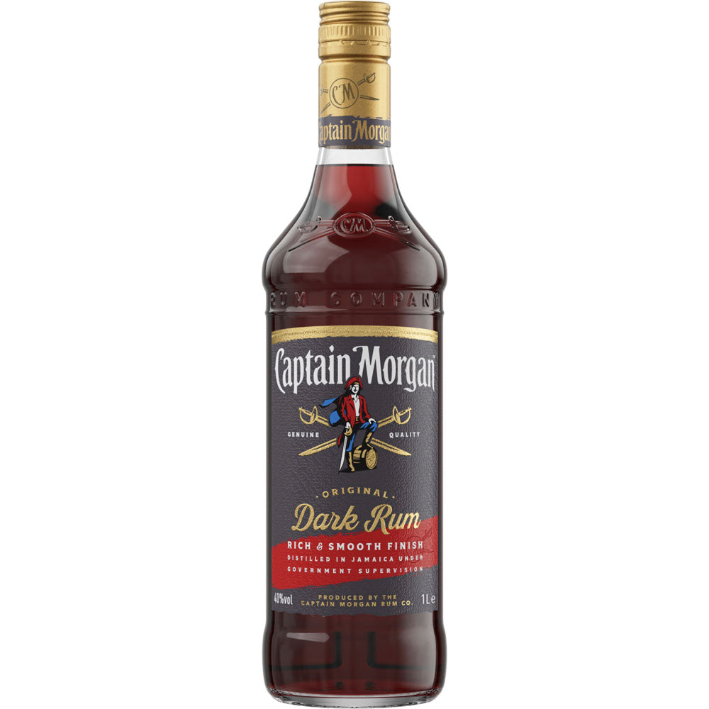 Eine 1-Liter-Flasche Captain Morgan Dark Rum 40%, eine Premiummischung von Captain Morgan, mit dunklem Etikett und goldenem Verschluss.