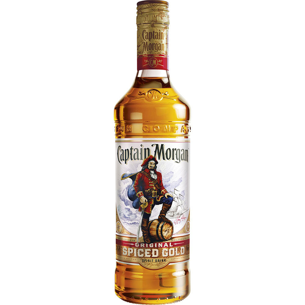 Eine 0,7-Liter-Flasche Captain Morgan Spiced Gold 35% Rum mit dem kultigen Piratenmotiv auf dem Etikett.