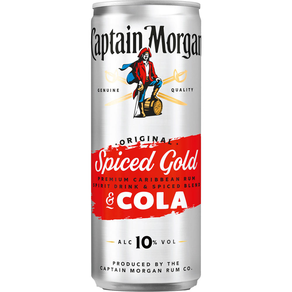 Captain Morgan Spiced & Cola 10% 0,25 Liter Dose bietet eine kühne Mischung aus gewürztem Rum und Cola in einer Dose, mit dem kultigen Captain Morgan Branding auf einem auffälligen roten und silbernen Design.
