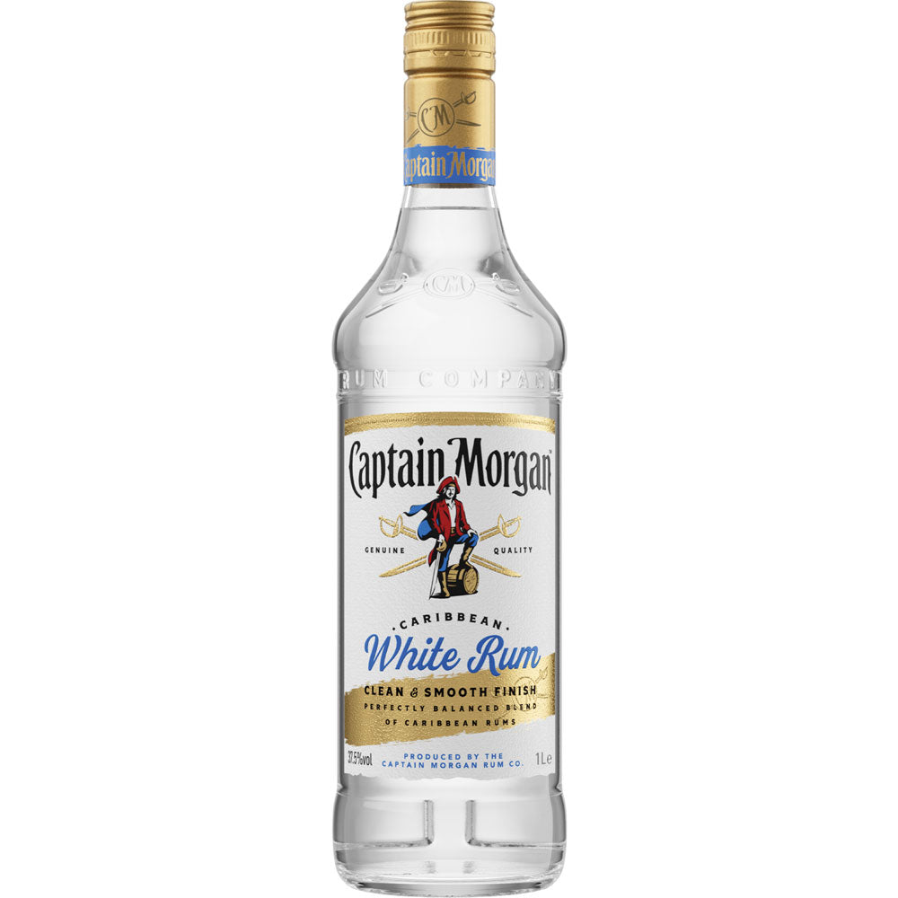 Eine 1-Liter-Flasche Captain Morgan White Rum 37,5%, eine sanfte karibische Spirituose von Captain Morgan, mit einem goldenen Verschluss und einem bunten Etikett.