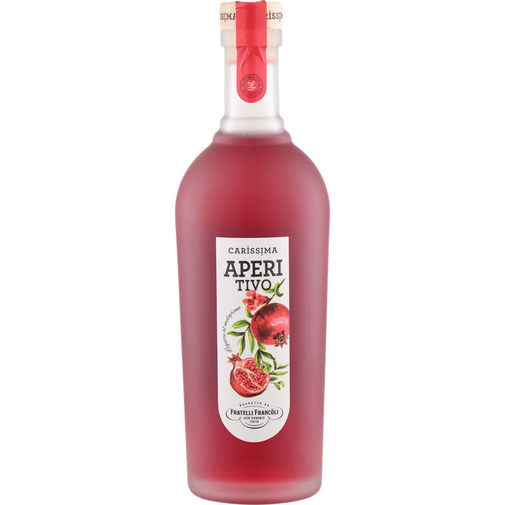Der Luigi Francoli Carissima Aperitivo 16% 0,7 Liter kommt in einer gefrosteten Flasche mit einer lebhaften Granatapfel-Illustration auf dem Etikett, die den lebendigen Charakter dieses einzigartigen Aperitifs von Luigi Francoli widerspiegelt.