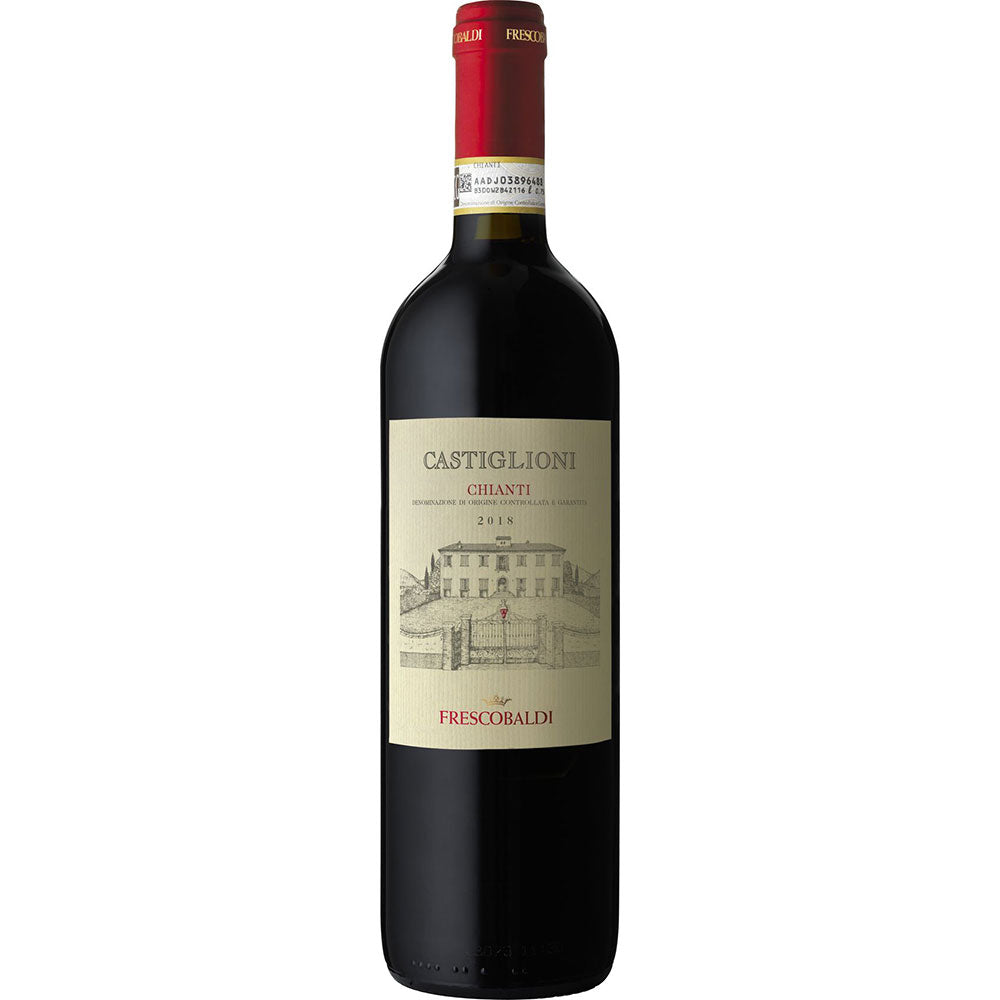 Eine Flasche Frescobaldi Castiglioni Chianti DOCG 2024, ein toskanischer Rotwein von Frescobaldi, mit cremefarbenem Etikett mit Villenmalerei, hergestellt aus Sangiovese- und Merlot-Trauben.