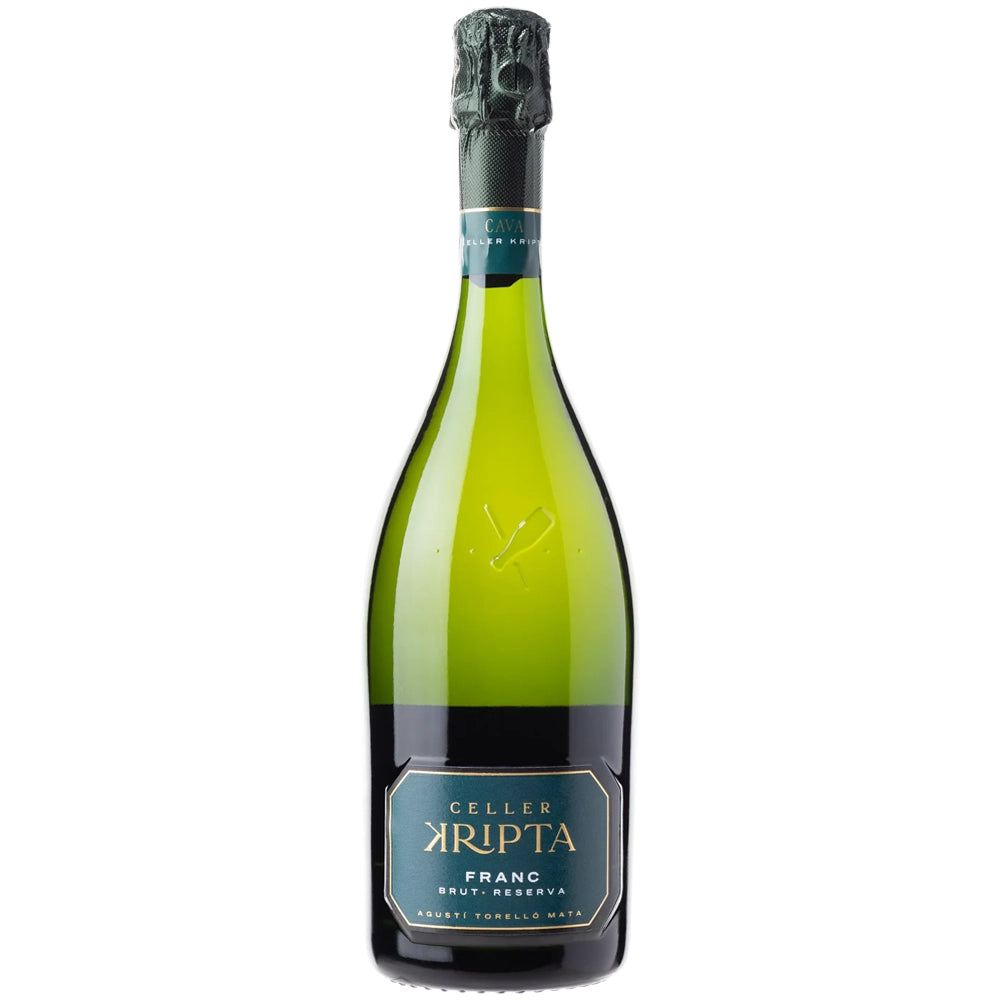 Eine Flasche „Celler Kripta Cava Franc Brut Reserva 2021“ von Celler Kripta, ein Sekt aus der Region Penedès, der nach der traditionellen Méthode Champenoise hergestellt wurde und sich durch ein dunkelgrünes Etikett sowie eine Folienkappe auszeichnet.