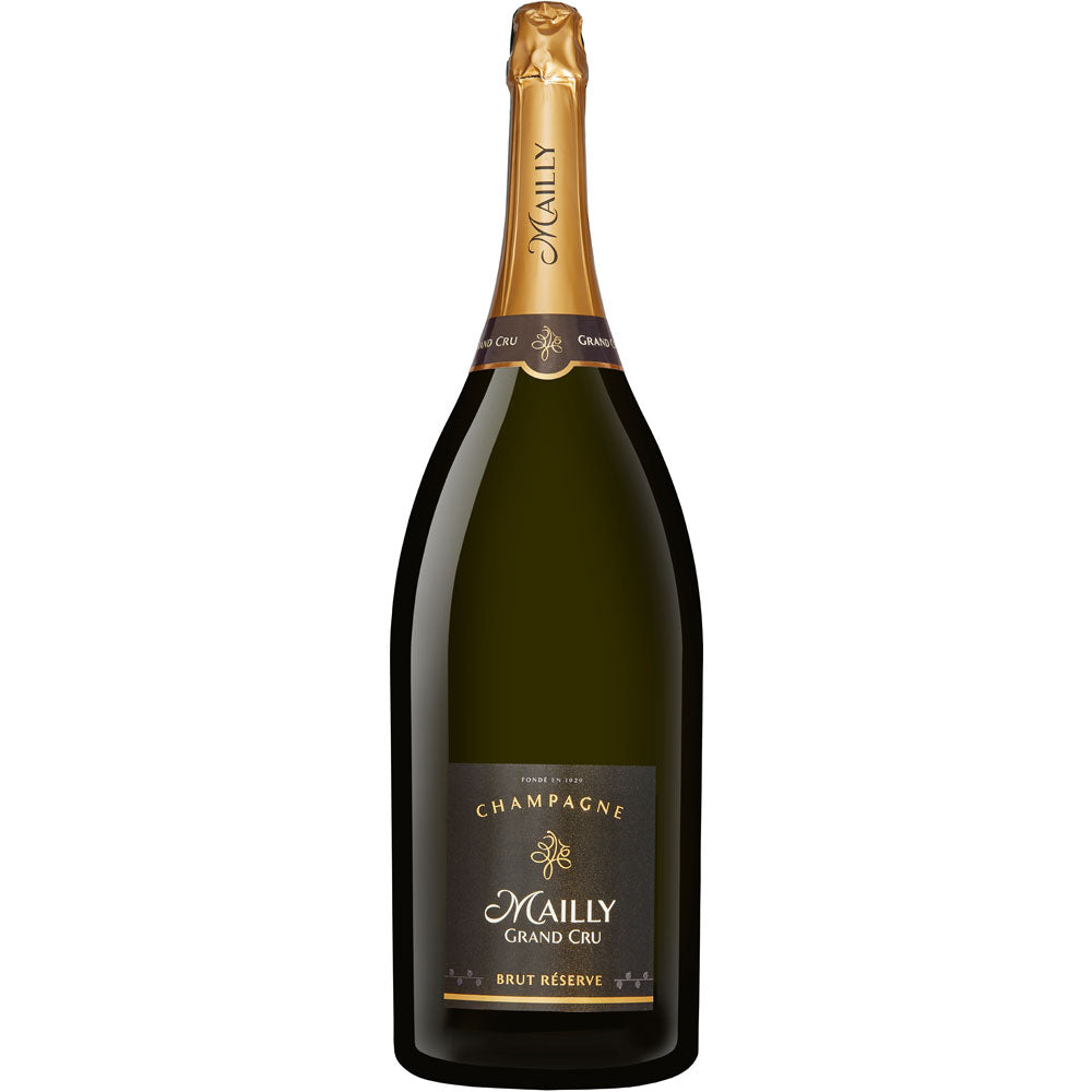 Champagne Mailly Grand Cru Brut Reserve Methusalem 6 Liter ist mit einer goldenen Folie und einem dunklen Etikett versehen, die die Eleganz dieses großformatigen Champagners von Champagne Mailly unterstreichen.
