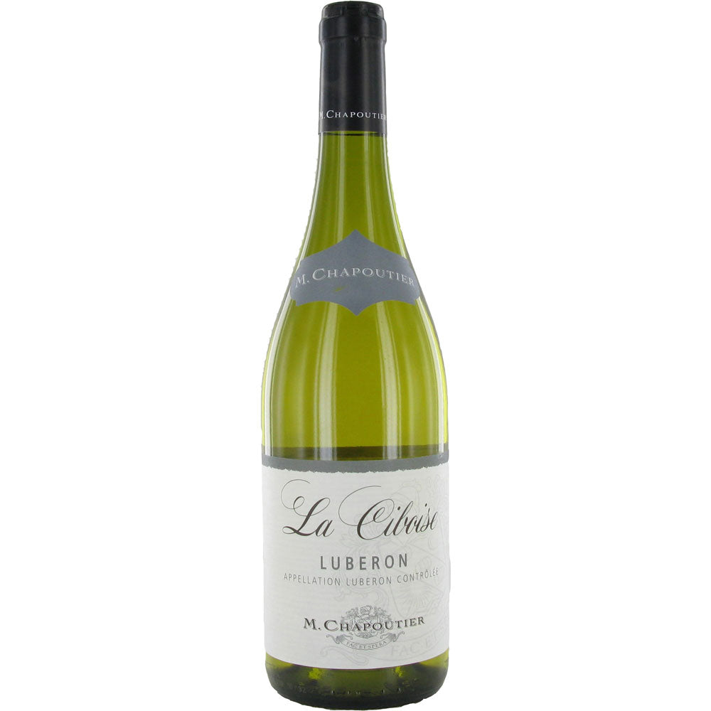 Eine Flasche M. Chapoutier La Ciboise Luberon Blanc AOC 2022, ein biodynamischer Weißwein aus der Region Luberon, mit einem weiß-silbernen Etikett von M. Chapoutier.