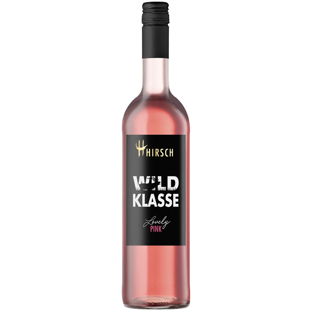 Eine Flasche Christian Hirsch Wildklasse Lovely Pink Cuvée Rosé 2025 mit schwarzem Etikett und Schraubverschluss.