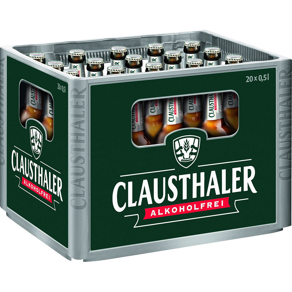 Eine Kiste Clausthaler 20x 0,5 Liter (MEHRWEG) Flaschen mit grünem Branding und dem Clausthaler Logo.
