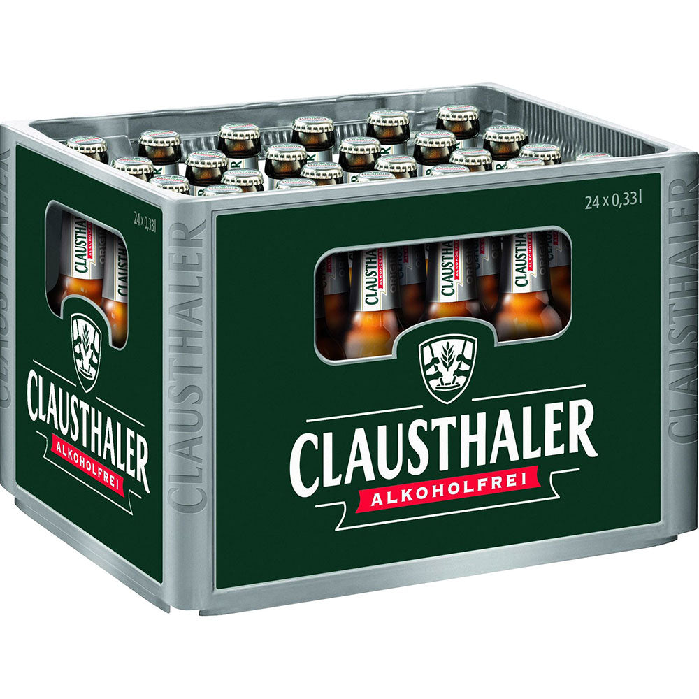 Eine Kiste Clausthaler 24x 0,33 Liter (MEHRWEG) Flaschen von Clausthaler.